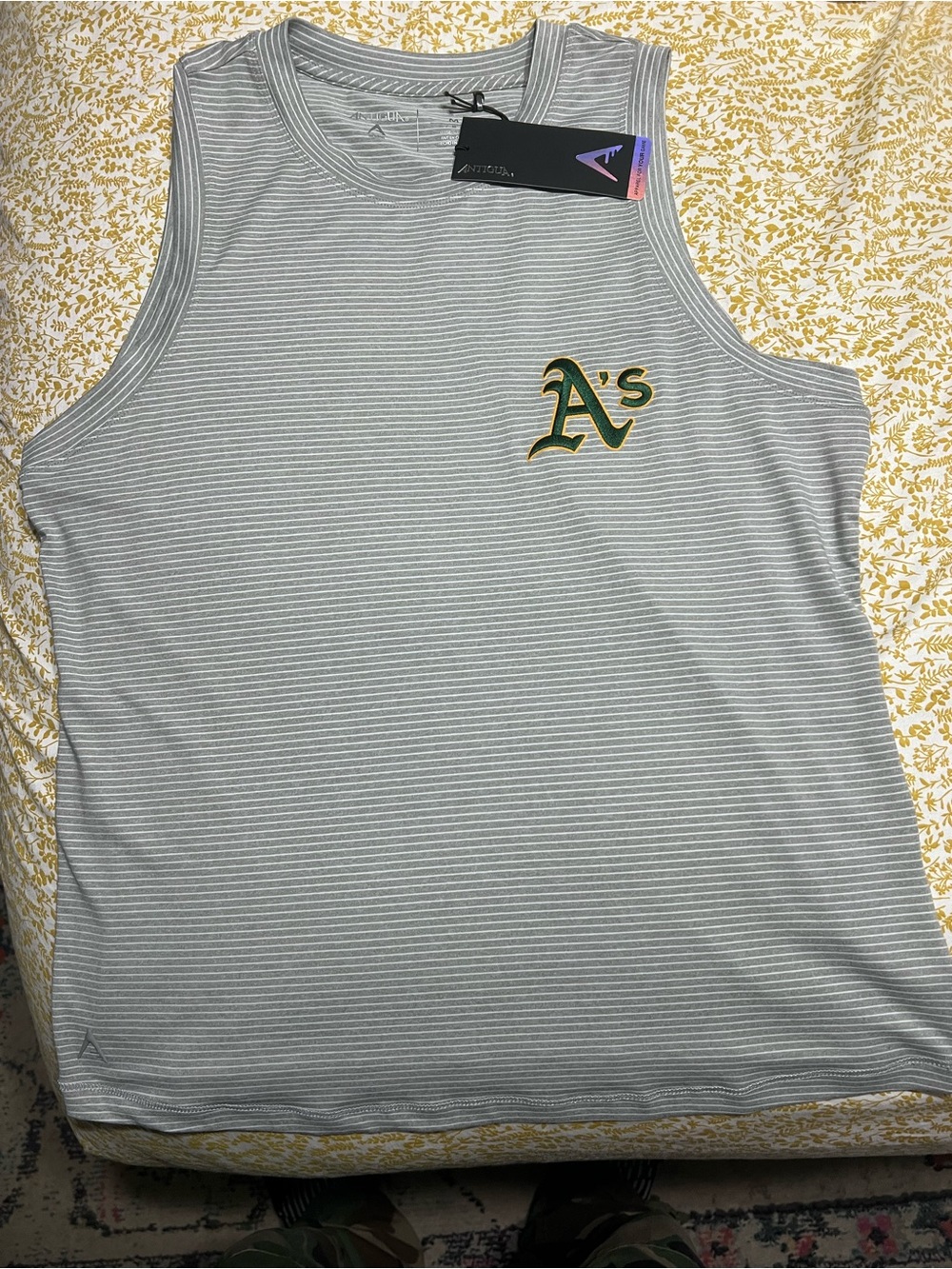 Antigua Gray Striped A's Logo Tank
